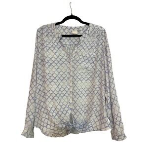 Zac & Rachel Blue White Leaf Print Tie Front Button Down Blouse Top Large L
